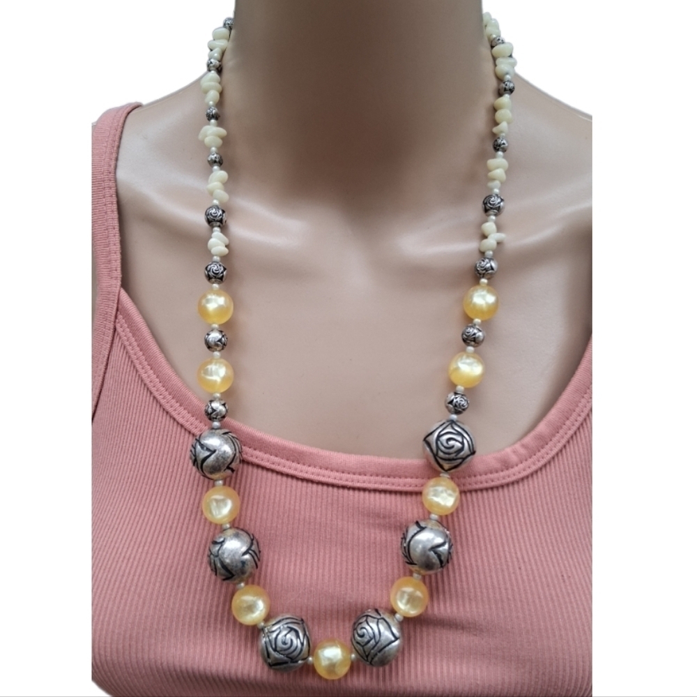 Vintage Lemon Moonglow Lucite & Rose Bead Statement Necklace
